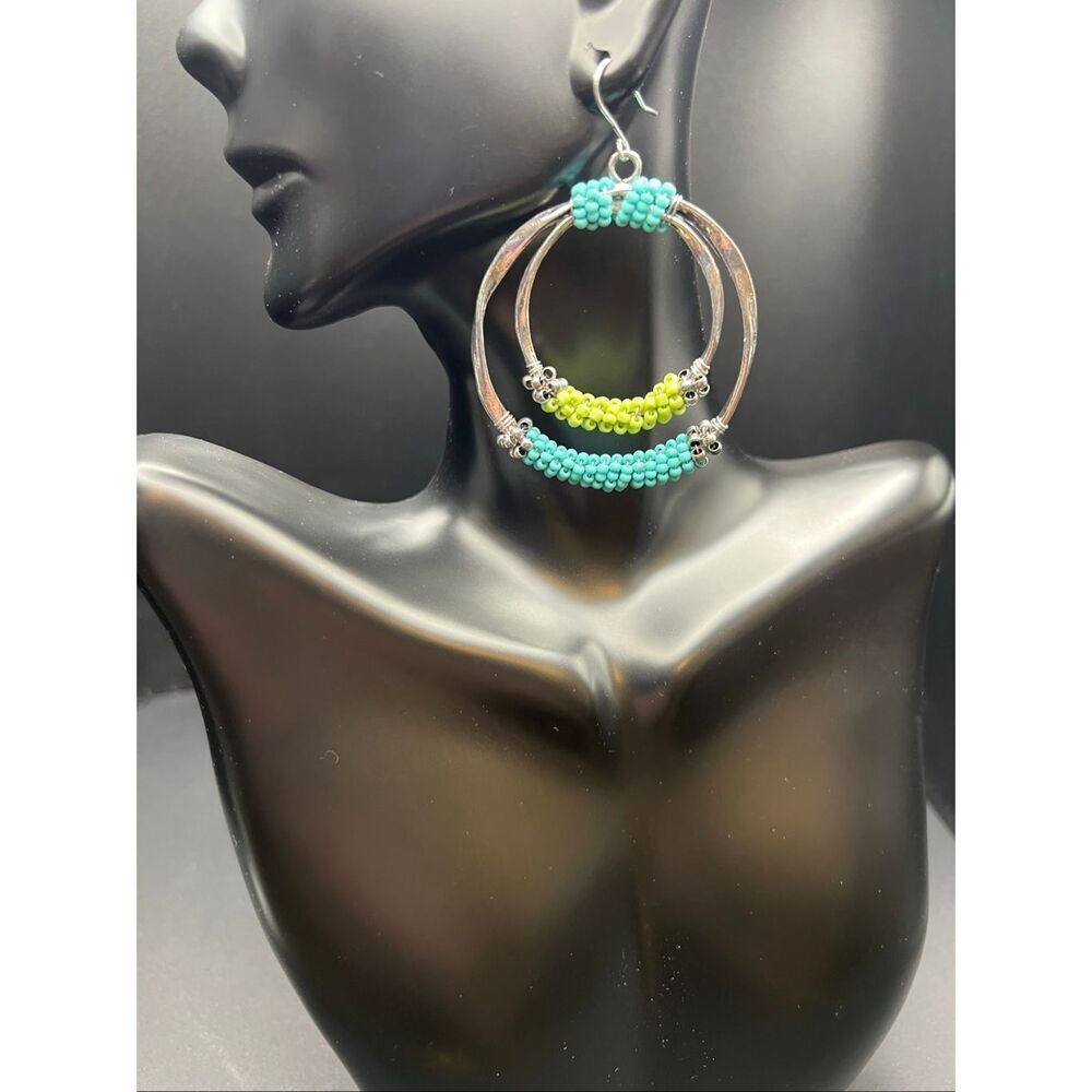 Chico's Silver Tone Blue Green Double Forged Distortion Hoop Beads Earrings
